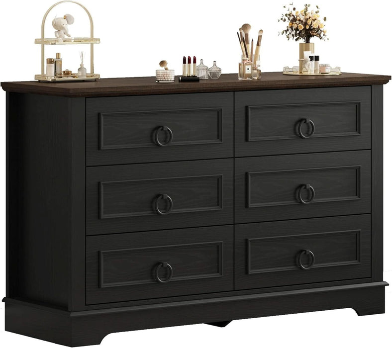Farmhouse 6 Drawers Dresser for Bedroom, 47.2" W Modern Dresser with round Metal Handle, Thickened Desktop, Wood Rustic Chest of Drawers for Bedroom, Hallway, Entryway, Black