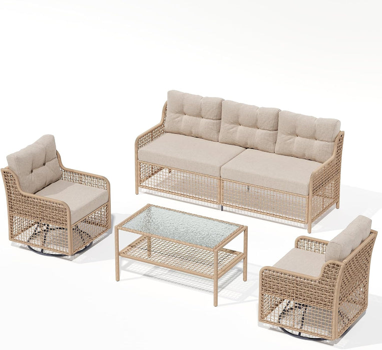 Outdoor Patio Furniture Set round Rattan with Swivel Chairs,Beige