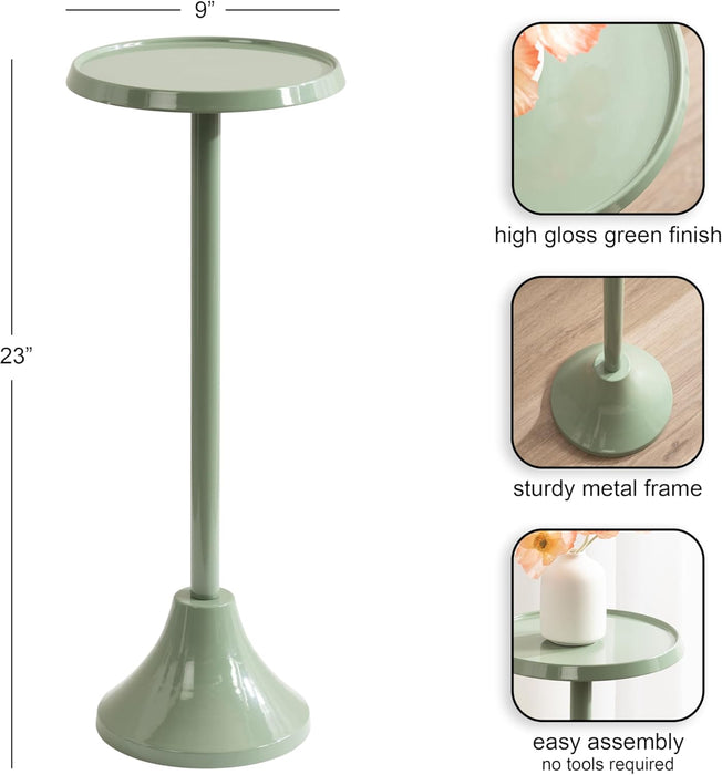 Sanzo Modern round Metal Pedestal Drink Table, 9 X 9 X 23, Soft Green, Decorative Martini Table with Trumpet Base for Use as Indoor Plant Stand or Living Room Mini Table