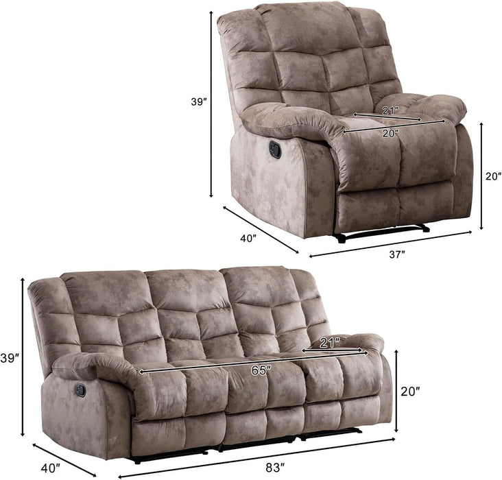 Manual Recliner Couch Set, Soft Fabric Reclining Living Room Sofa Set, Includes Single Recliner Chair and 3PC Bonded Sofa, Light Brown