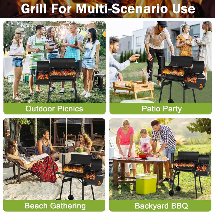 43" Charcoal Grills Outdoor BBQ Grill with Offset Smoker Camping Portable Grill Camping Barbecue Grills with Side Fire Box for 6-10 People Patio Backyard Picnic BBQ, Black
