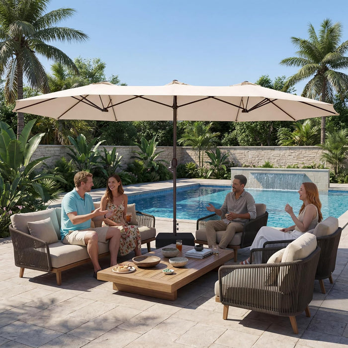 15Ft Large Patio Umbrella with Base, Outdoor Rectangle Umbrella Double-Sided Market Umbrella with Stand for Pool, Deck, Backyard and Garden, Beige
