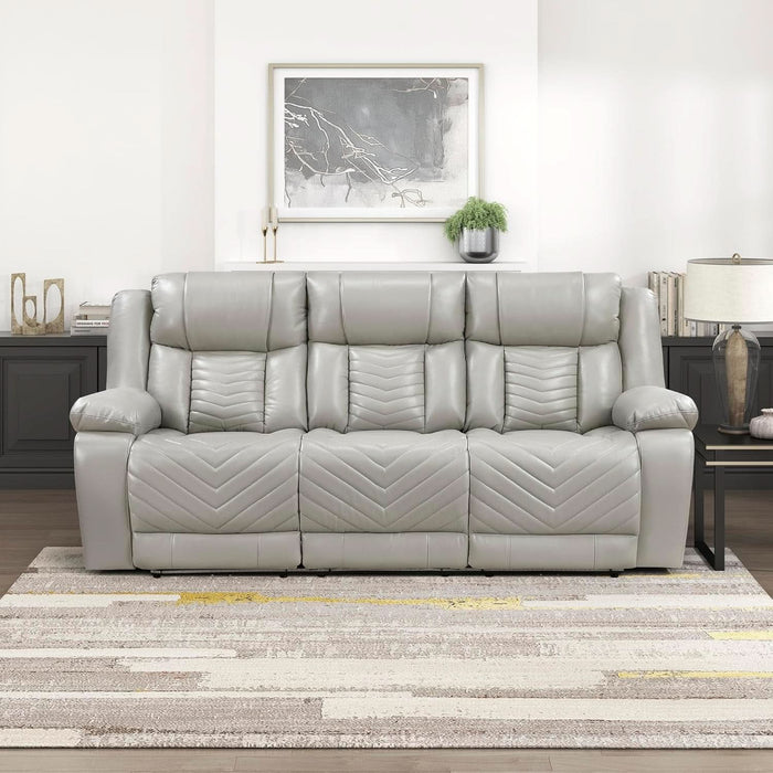 Wll Hugger Power Double Reclining Sof with Center Drop-Down Tble, Fux Lether Home Theter Seting with LED Lighting/Usb Chrging Ports/Wireless Chrger/Cup Holders, Mgzine Pocket, Gry