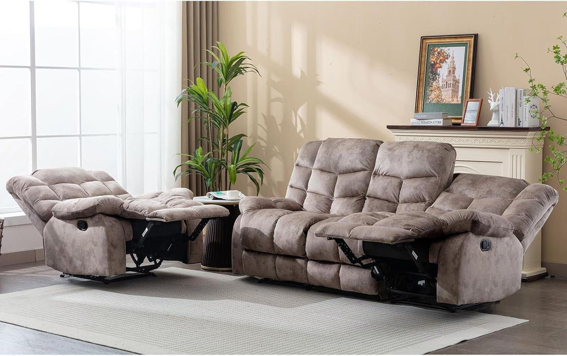 Manual Recliner Couch Set, Soft Fabric Reclining Living Room Sofa Set, Includes Single Recliner Chair and 3PC Bonded Sofa, Light Brown