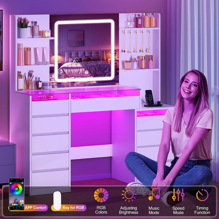 Vanity Desk with Mirror and Lights 3 Colors,White Makeup Vanity Table with Glass Top,10 RGB Drawers,4 Shelves and 5 Hooks,Dressing Table with Power Outlet & Nightstand for Bedroom FST70W