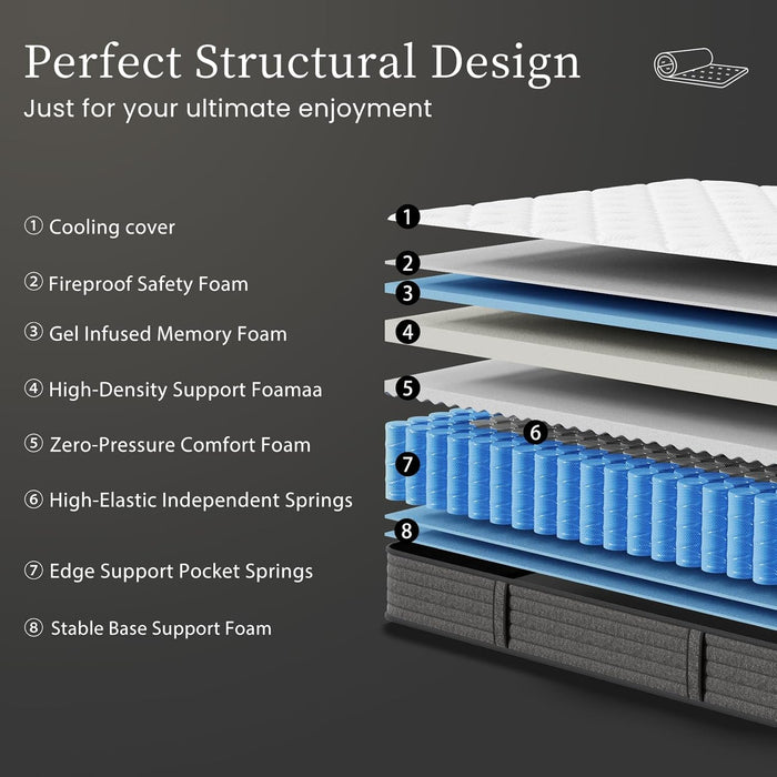 King Mattress 12 Inch Hybrid King Size-Gel Memory Foam Mattress in a Box, Individually Wrapped Pocket Spring, Pressure Relief Edge Support, Medium Firm