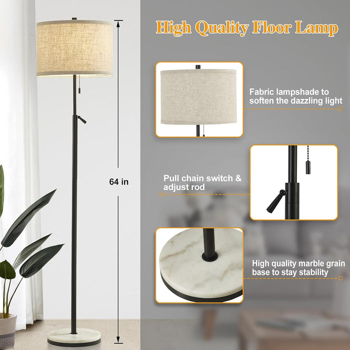 Marble Floor Lamp, Adjustable Height Standing Lamp with Marble Base Tall Lamp with Pull Chain Switch Floor Lamps for Living Room, Bedroom & Office Bulbs Not Included(Black)