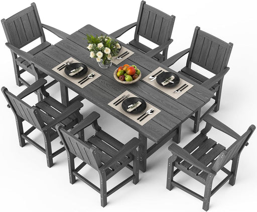 Wood Grain 7-Piece Outdoor Dining Set, Spacious HDPE Outdoor Furniture, Durable Patio Table and Chairs Set with Armrests and Umbrella Hole, Gray