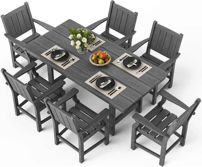 Wood Grain 7-Piece Outdoor Dining Set, Spacious HDPE Outdoor Furniture, Durable Patio Table and Chairs Set with Armrests and Umbrella Hole, Gray
