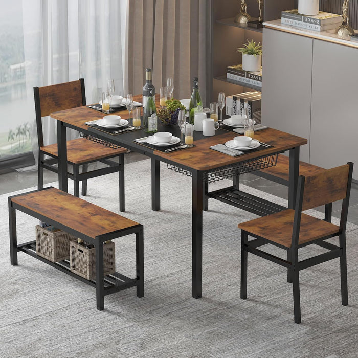 Rustic Brown Industrial Dining Table Set StorageDrawers