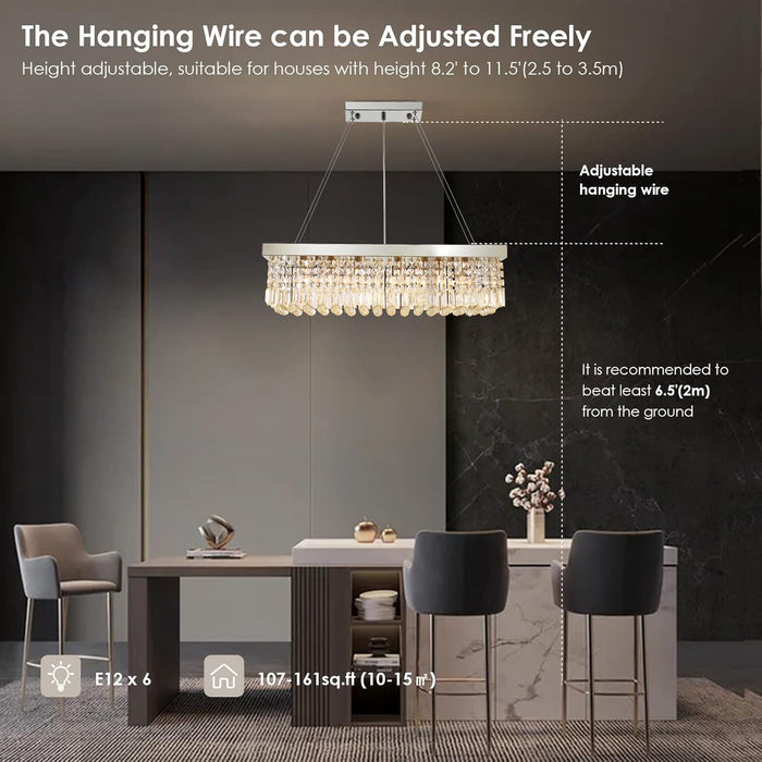 6-Light Modern Crystal Chandelier for Dining Room, Rectangular K9 Crystal Raindrop Chandelier, Rectangle Pendant Ceiling Light Fixture for Living Room Kitchen Island L31.5'' X W10'' X H10''
