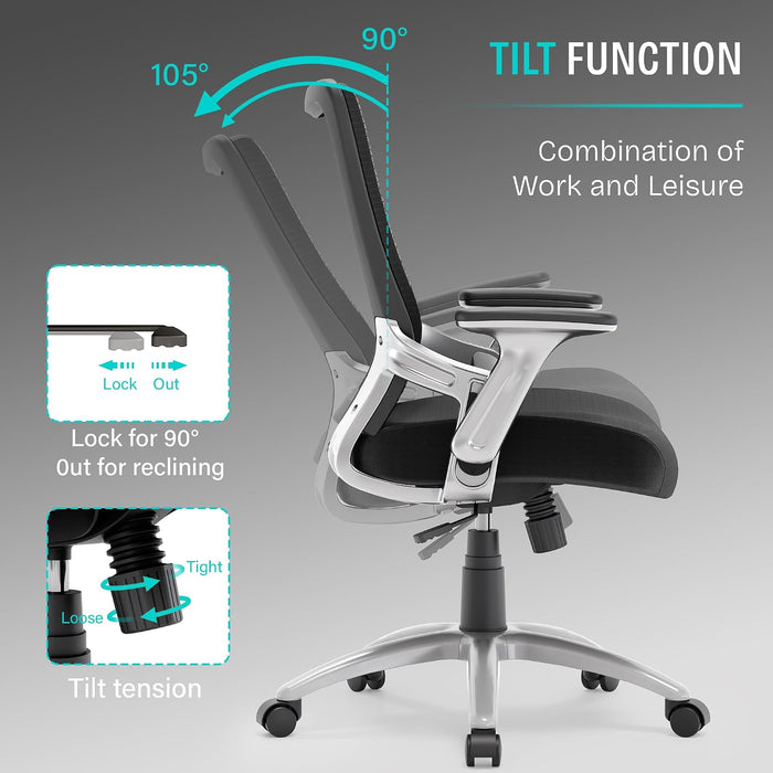 Office Chair, Ergonomic Computer Desk Chair, Sturdy Executive Task Chair - Adjustable Lumbar Support, Flip-Up Arms, Tilt Function, Comfy Wide Seat, Swivel Mesh Home Office Desk Chairs (Black)