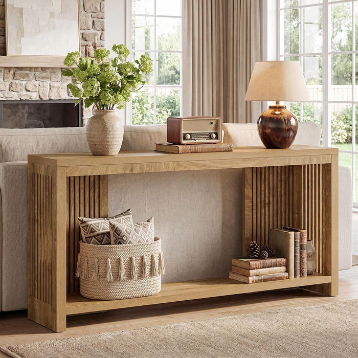 70.9-Inch Long Entryway Table with 2-Tier Storage, Farmhouse Narrow Sofa Console Table with Vertical Stripe Legs, for Entrance, Entryway, Hallway, Foyer, behind the Couch, Brown