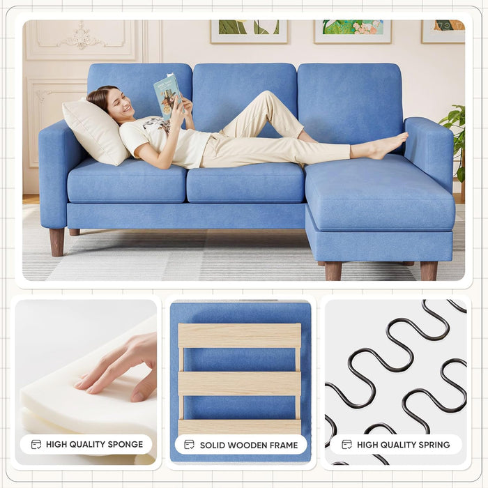 Blue Upholstered LShaped Movable Sectional Couch Ottoman
