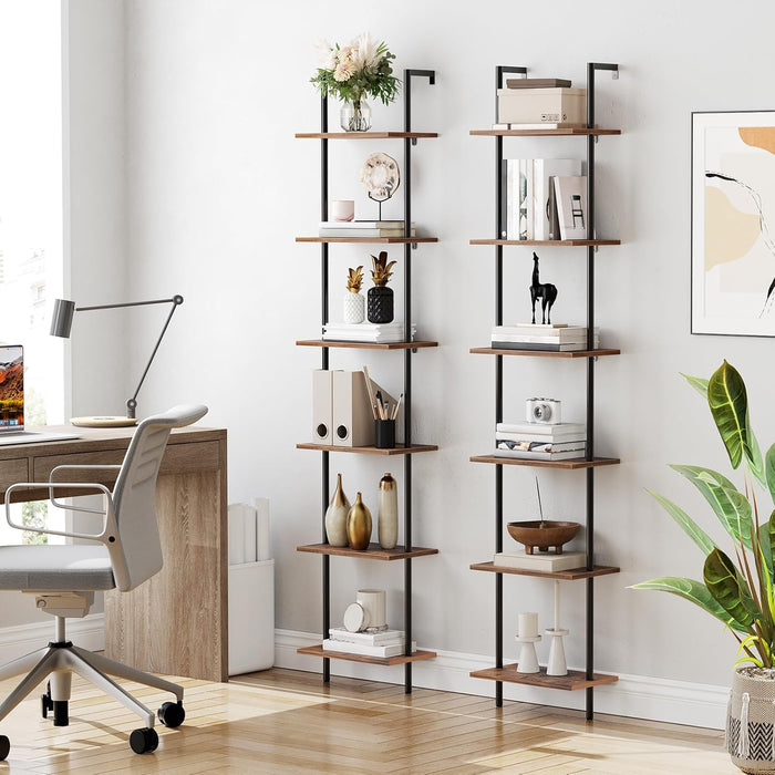 DIY Ladder Shelf, 6-Tier Wooden Wall Mounted Bookshelf, Narrow Bookcase, Display Shelf, Storage Rack, Plant Stand, for Living Room, Bedroom, Study, Balcony, Rustic Brown and Black BF651CJ01