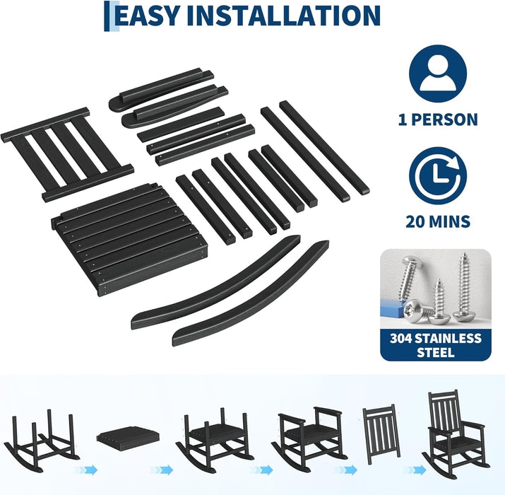 HDPE Rocking Chair Outdoor Set of 2 with Side Table, High Back Rocker