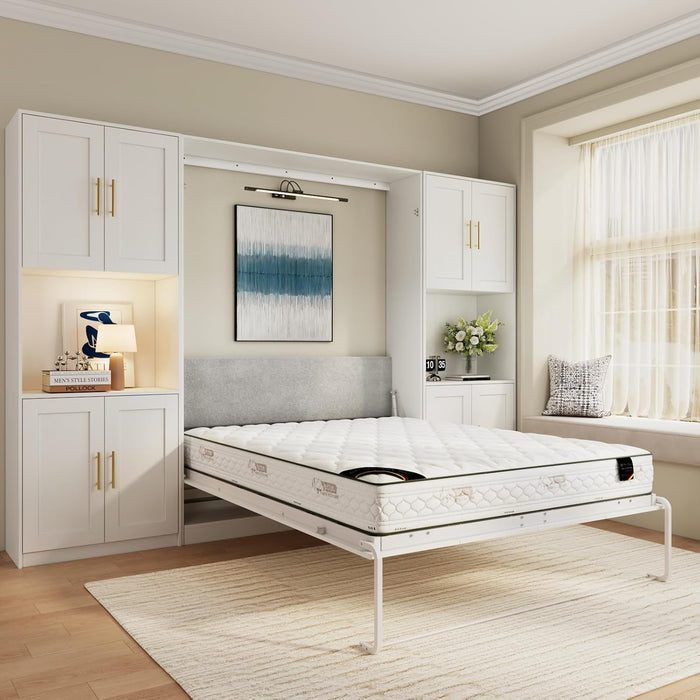 Farmhouse Murphy Bed Queen, 85" Wall Bed Folds to save Space, Concealed Bed Frame with 2 Storage Cabinets and Wall Mounted Features for Apartment/Office/Guest Room