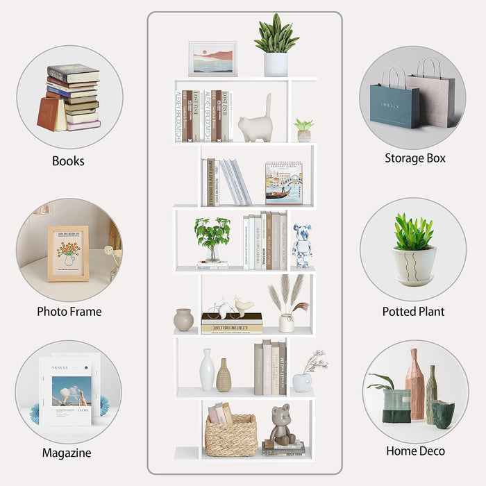 S Shaped Bookshelf, Modern Geometric Bookcase, 6-Tier White Display Case Book Shelf