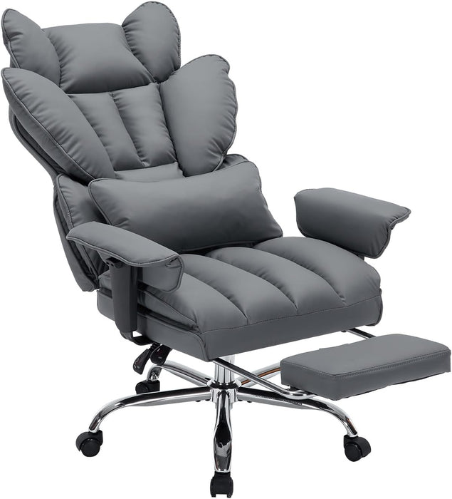 Big and Tall Office Chair, Executive Leather Office Chair with Footrest, 400Lbs Ergonomic Gaming Chair for Adults, Wide Seat Computer Desk Chair with Lumbar Support, 150 Degree Reclining, Gray