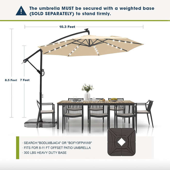 10Ft Solar LED Offset Patio Umbrella, Outdoor Cantilever Patio Umbrellas with Solor Lights for Backyard, Poolside and Garden, Easy Tilt Adjustment, 32 LED Lights & Polyester Shade, Beige