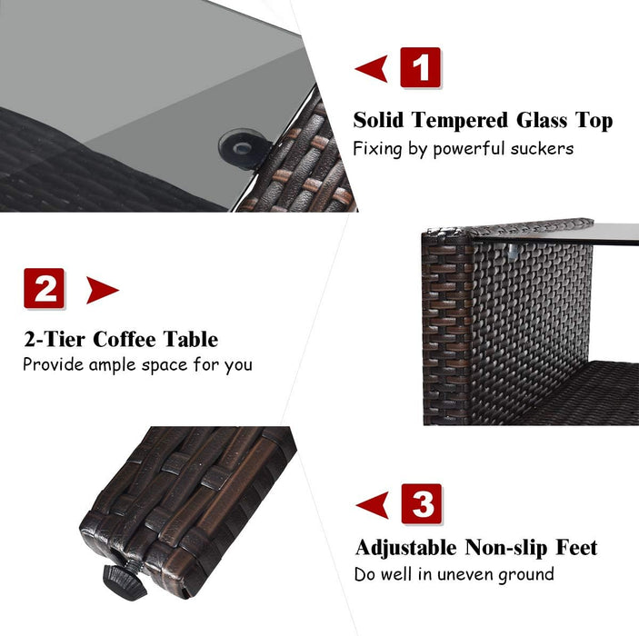 4 Piece Patio Furniture Set, Outdoor Wicker Conversation Set with Glass Top Coffee Table, All Weather Proof and Thick Cushions, Suitable for Porch, Garden, Poolside and Lawn (Red)