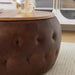 25 Inches Large round Storage Ottoman, Modern Upholstered Ottoman Coffee Table, Wooden Top, Soft Faxu Leather Surface, for Living Room, Bedroom, Classic Tufting, Brown