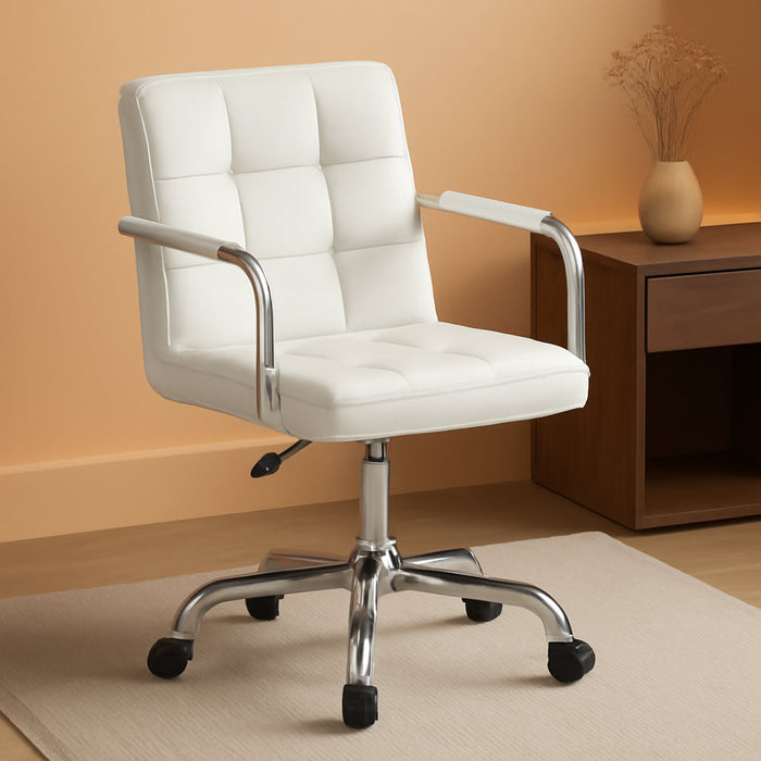 Desk Chair Modern Office Chair with Wheels PU Leather Mid-Back Rolling Chair for Office, Teen, and Bedroom Desks (White)