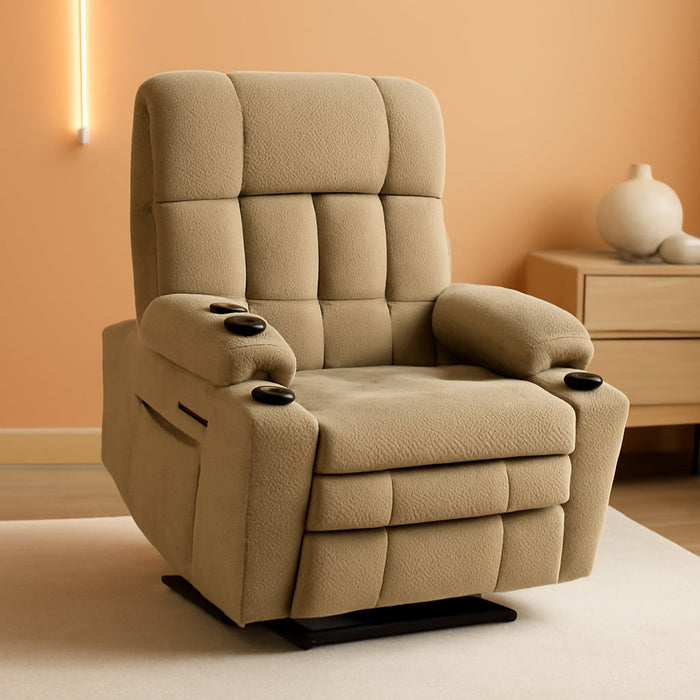 Large Dual Motor Power Lift Recliner Chair Sofa with Massage and Heat for Big Elderly People, Infinite Position, USB Ports, Fabric R7891 (Large-Wide, Beige)