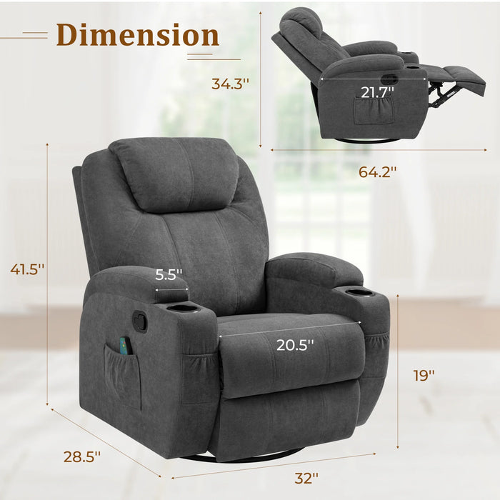 Recliner,Modern Fabric Rocking Chair with Massage,360 Degree Swivel Single Sofa Seat with Drink Holder