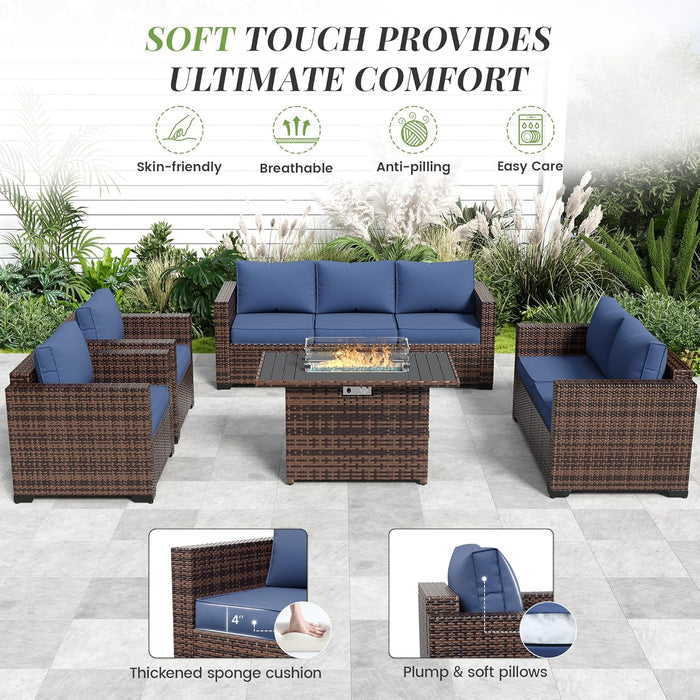 Oversized Outdoor Sectional Sofa Set with 44" Metal Fire Pit Table & Storage Coffee Table - Waterproof Wicker Patio Furniture Set, Modular Furniture with Removable Cushions (Navy)