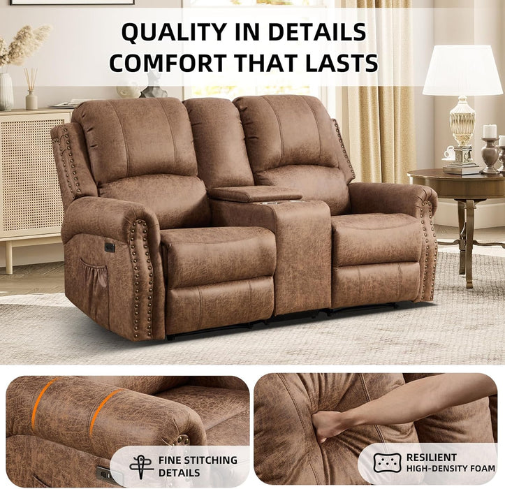 Power Reclining Loveseat, Faux Leather Double Recliner Sofa with Side Pocket, Center Console, Hidden Storage & Cup Holders, Vintage Rivet Mid-Century Modern Design for Living Room, Nut Brown