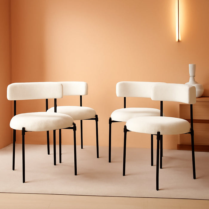 Sherpa Dining Chairs Set of 4, Upholstered round Kitchen Chairs with Curved Backrest & Metal Legs, Modern Armless Side Chairs, White Boucle Accent Chairs for Dining Room, Living Room