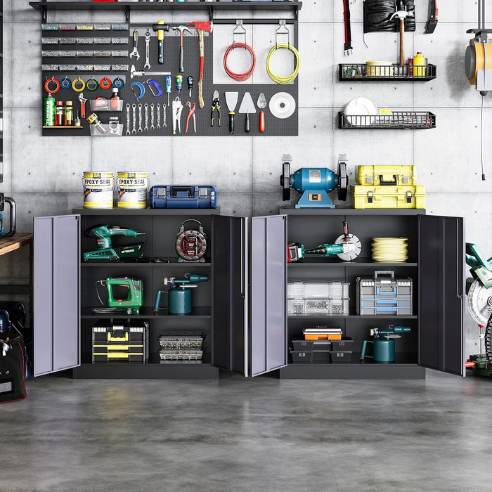 Metal Storage Cabinet, Storage Cabinet with 2 Adjustable Shelves, Steel Counter Cabinet with Lockable Doors for Home Office