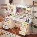 62 Inch Large Makeup Vanity Desk with Mirror and Lights 3 Color Lighting, Glass Top Vanity Table with Power Outlet and RGB Glass Cabinet, 8 Drawers Dressing Table for Bedroom and Dressing Room, White