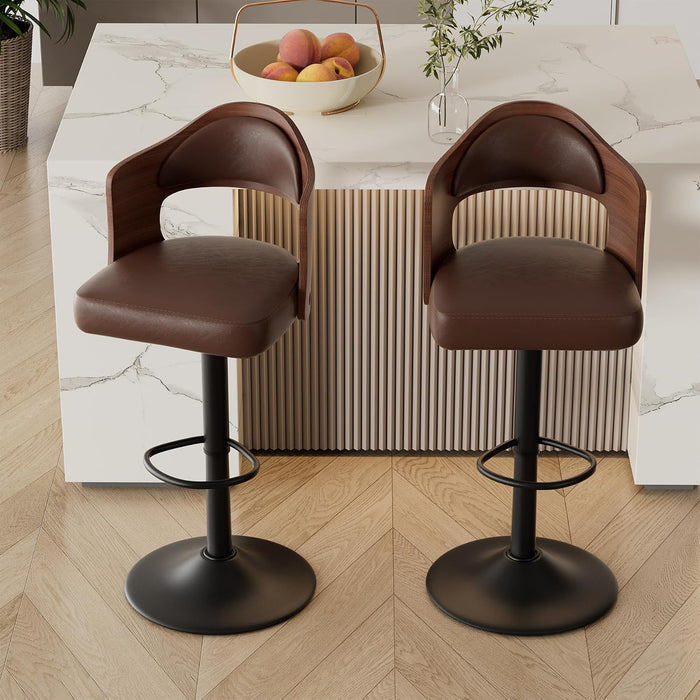 Swivel Bar Stools Set of 3,Bentwood Adjustable Height Barstools | Upholstered Seat,Easy-Clean PU Leather,Back& Footrest, Mid Century Modern Bar Chair for Counter, Kitchen Island, Brown