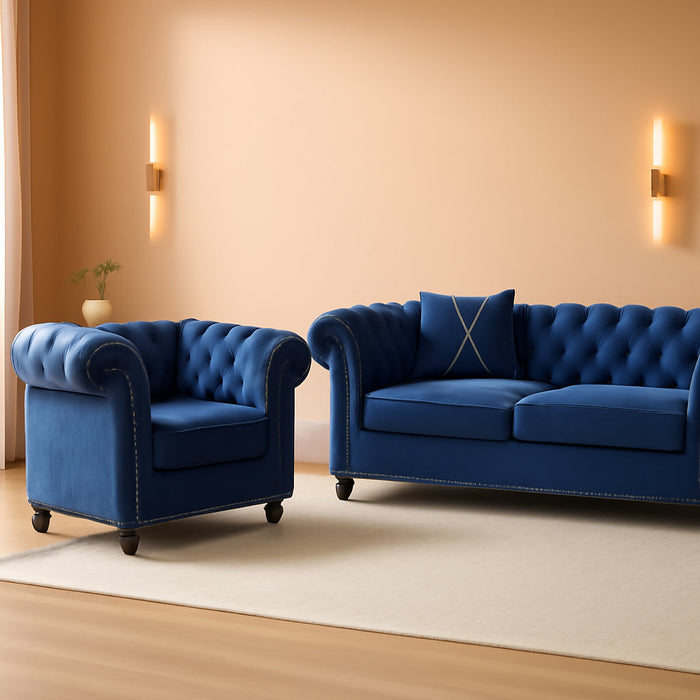 2 Piece Living Room Set, Velvet Chesterfield Sofa Loveseat Couch Chair with Scroll Arms and Nailhead for Living Room, Office (Blue)