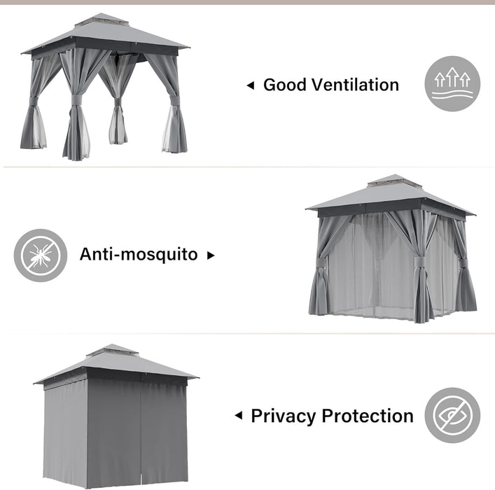 Patio Gazebo 8'X8', Outdoor Heavy Duty Party Tent Shelter with Double Roofs, Mosquito Nettings and Privacy Screens for Backyard, Garden, Lawn, Gray