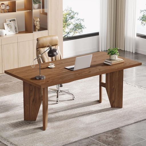 63-Inch Executive Desk, Mid-Century Modern Office Desk with Sturdy Legs, Large Wooden Computer Desk Business Workstation for Home Office, Brown