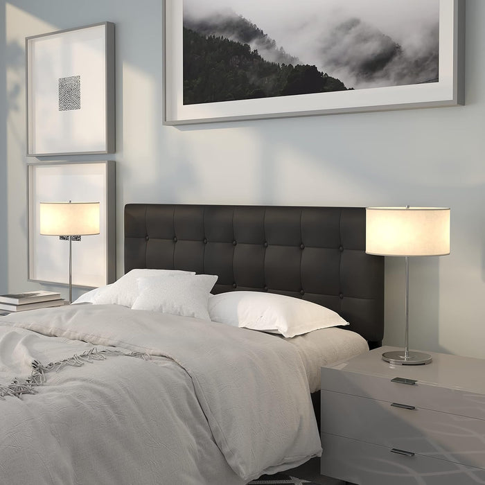 Button Tufted Upholstered Queen Size Headboard in Black Vinyl