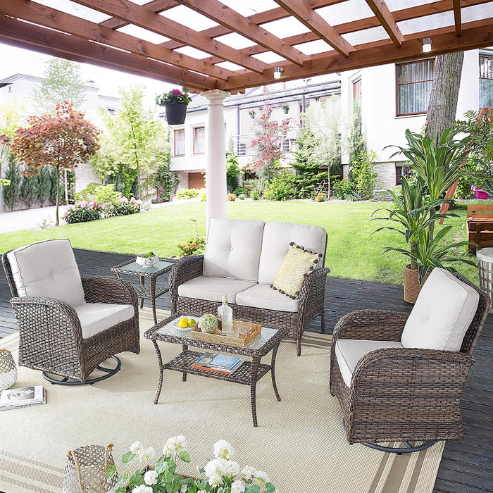 Patio Furniture Swivel Glider PE Wicker Chairs, Outdoor Swivel Rocker Seating with Cushions for Porch Deck Balcony, Brown/Beige