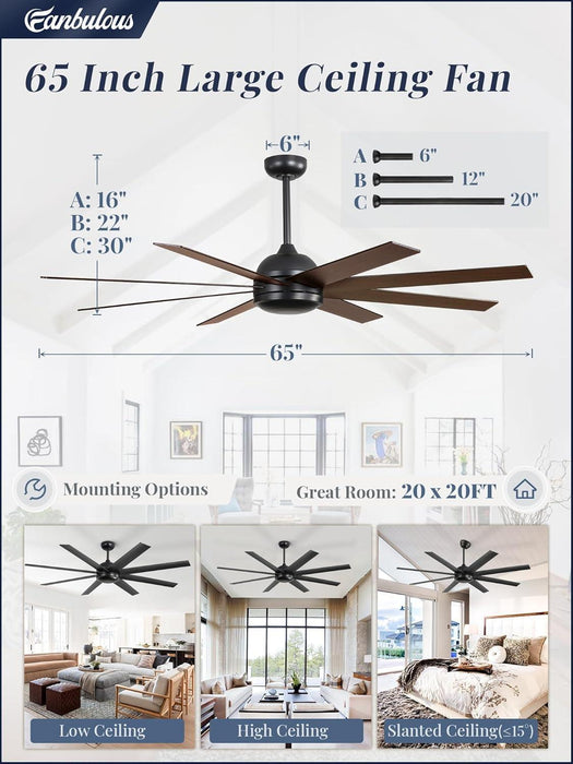 65 Inch Ceiling Fans No Light with Remote, Black Indoor/Outdoor Ceiling Fan without Light with Quiet Reversible DC Motor, 6 Speeds, 8 Blades Large Ceiling Fan for Living Room Bedroom Patio