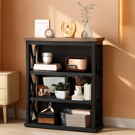 4-Tier Bookshelf, 42.9" Small Bookcase, Floor Standing Organizer Shelf, Corner Book Shelf, Metal Frame Bookshelves for Study, Bedroom, Living Room, Black and Walnut TSJ01BL