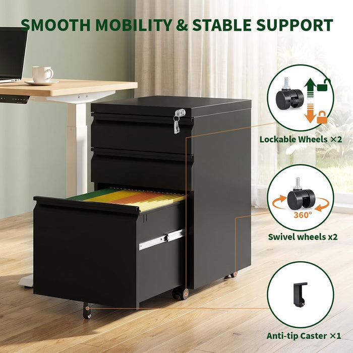 3 Drawer Metal File Cabinet with Lock & Rolling Casters