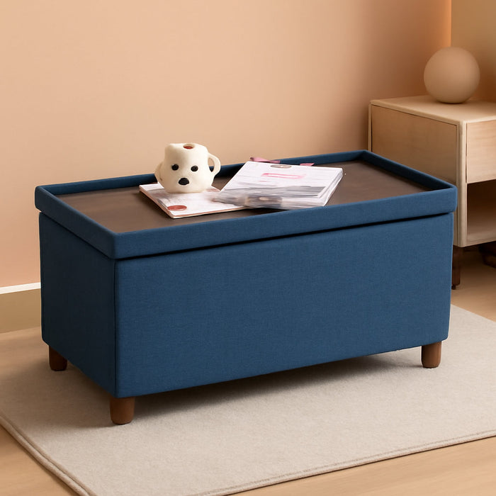 30 Inches Storage Ottoman Bench, Storage Bench with Wooden Legs for Living Room Folding Ottoman Foot Rest Removeable Lid for Bedroom End of Bed, Linen Fabric Blue