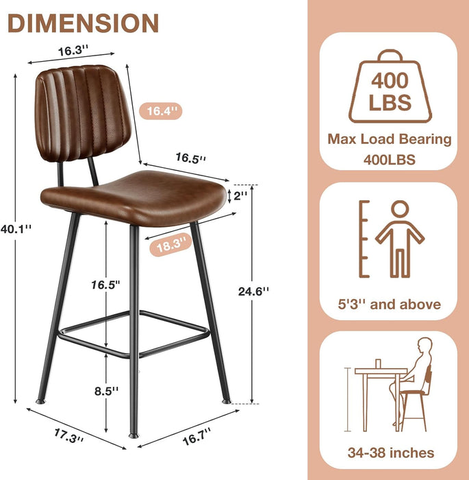 24-Inch Leather Bar Stools Set of 3 with High Backrest, Dark Brown