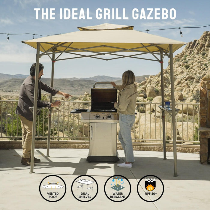 8X5 Grill Gazebo - Pop up Canopy for BBQ and Backyard Patio - Easy Outdoor Barbecue Shade Cover with Double Tier Vented Top & 2 Side Shelves (Beige)