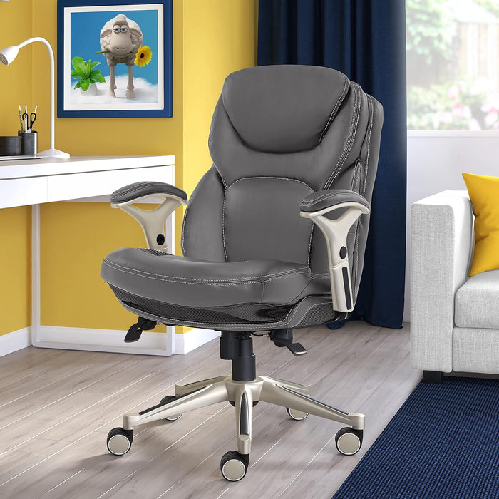 Claremont Executive Office Chair with Back-In-Motion Technology, Ergonomic Mid-Back with Pivot Lumbar Support and Seat, Plush Cushion, Body Pillows, Adjustable Arms, Bonded Leather, Gray