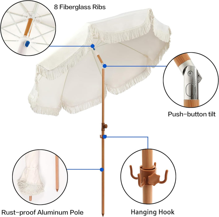 6.5Ft Patio Umbrella with Fringe, Beach Umbrella, Fringe Umbrella Outdoor Patio with Hanging Hook, Tilting Aluminum Pole, UV 50+, Fiberglass Ribs, Elegant Cream