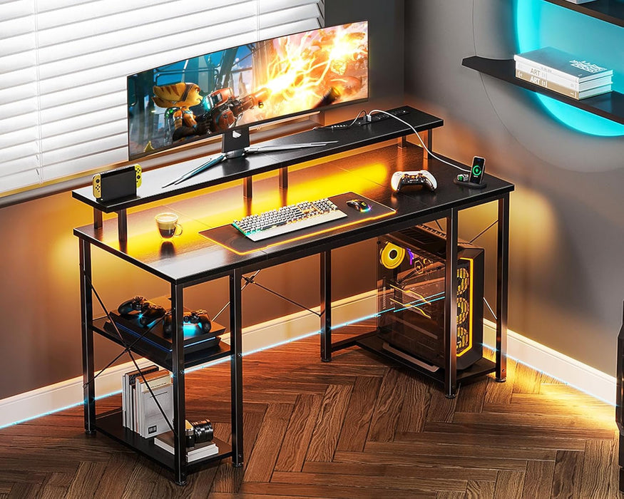 48 Inch Gaming Desk with LED Lights & Power Outlets, Computer Desk with Monitor Stand & Storage Sheves, CPU Stand, Home Office Desk, Black