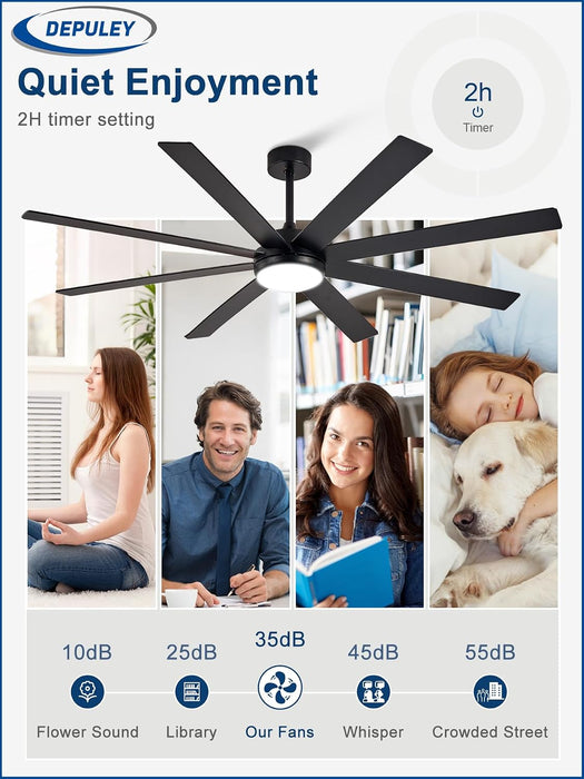66" Ceiling Fans with Lights: Black Indoor/Outdoor Ceiling Fan for Patios Living Room - 8 Blades Dimmable Large Ceiling Fans with Remote APP Control Timer Reversible Quiet DC Motor 6 Speeds